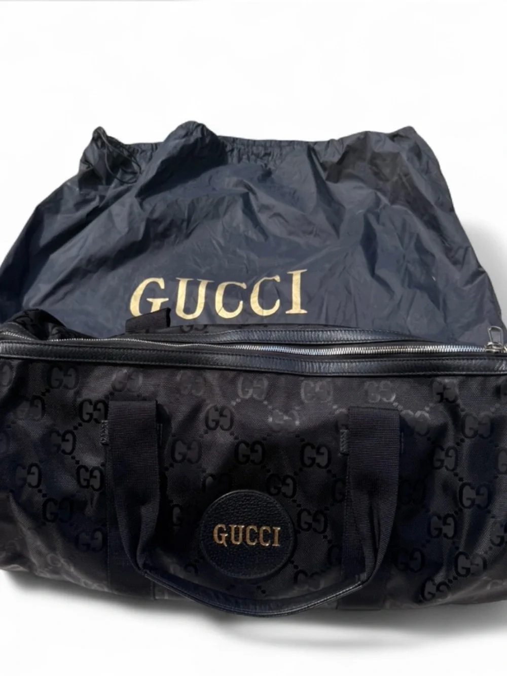 Gucci GG Canvas Duffel Bag – Black Monogram Gold Logo Travel Bag with Strap